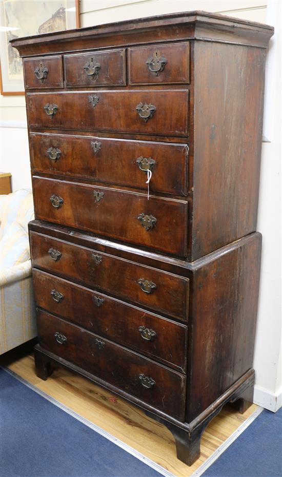 A mid 18th century walnut chest on chest, with pine sides, H.173cm